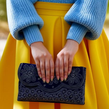 Handcrafted Velvet Beaded Clutch Bag with Chain Strap in Navy Blue Floral Design